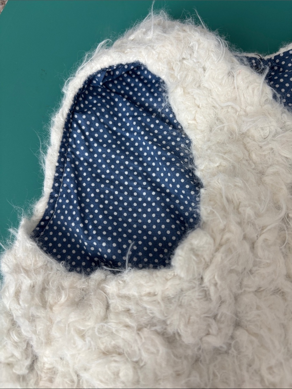 Light White Cream Faux Fur Vest with Navy Polka Dot Lining, Size M - Picture 6 of 7